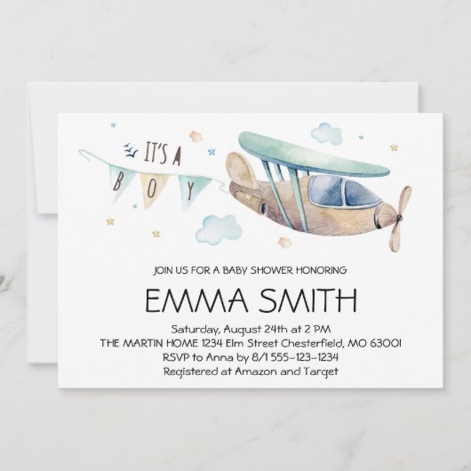男水彩飛行機の男の赤ちゃん 招待状 (正面)