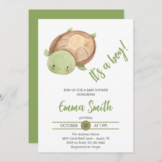 男水色のウミガメの赤ちゃんシャワー 招待状 (正面/裏面)