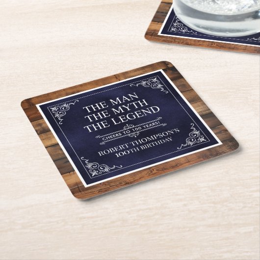 男素朴神話レジェンド100誕生日ネイビーブルー スクエアペーパーコースター (アングル)