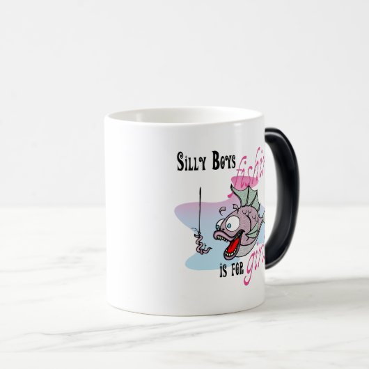 男間抜けの子の魚釣りは女の子の魚釣りTシャツ モーフィングマグカップ (正面右)