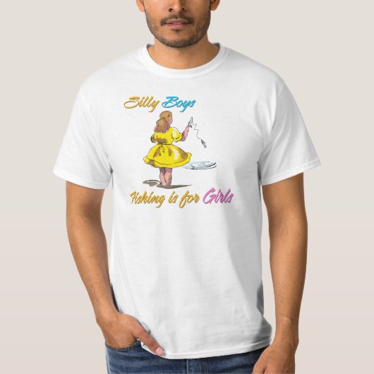 男間抜けの子の魚釣りは女の子 Tシャツ (正面)