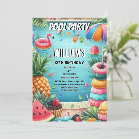 男10代のの水青プールクールパーティー13誕生日 招待状 (スタンド正面)