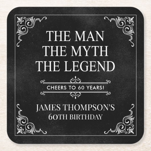 男 伝説 伝説 60歳の誕生日 ブラック スクエアペーパーコースター (正面)