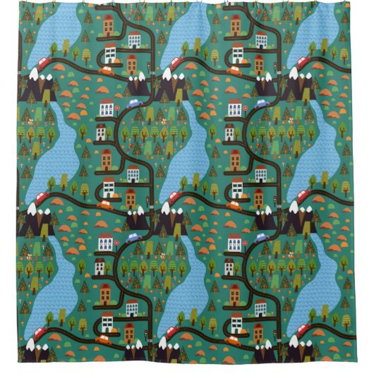 町お洒落の道路の子供 シャワーカーテン (正面)