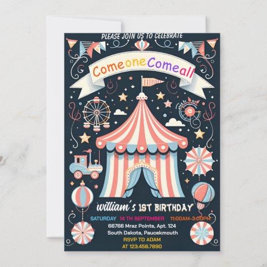 町かわいい子供たちカーニバルサーカスショー1st誕生日 招待状 (正面)