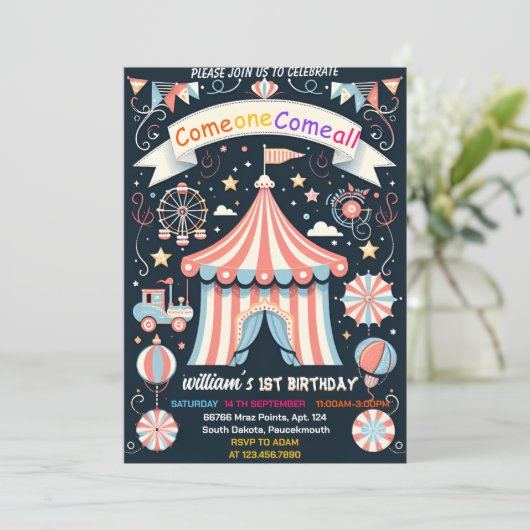 町かわいい子供たちカーニバルサーカスショー1st誕生日 招待状 (スタンド正面)