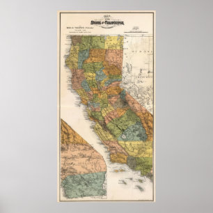 町と鉄道を示すカリフォルニアの地図 ポスター