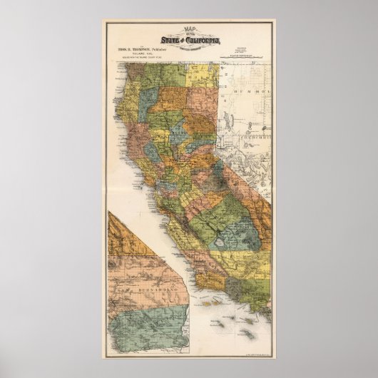 町と鉄道を示すカリフォルニアの地図 ポスター (正面)