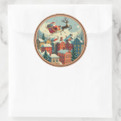 町の上の彼のそりにビンテージ・クリスマスサンタ ラウンドシール (バッグ)