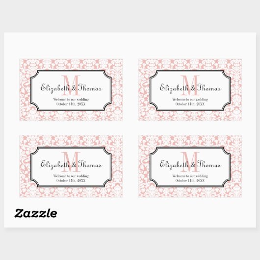 町の抱き枕からモノグラムピンクダマスクフレーム 長方形シール (シート)