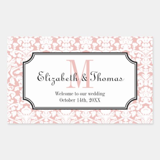 町の抱き枕からモノグラムピンクダマスクフレーム 長方形シール (正面)