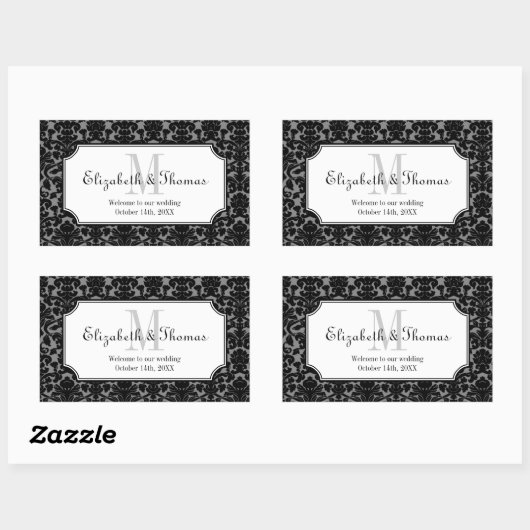 町の抱き枕からモノグラム黒ダマスクフレーム 長方形シール (シート)