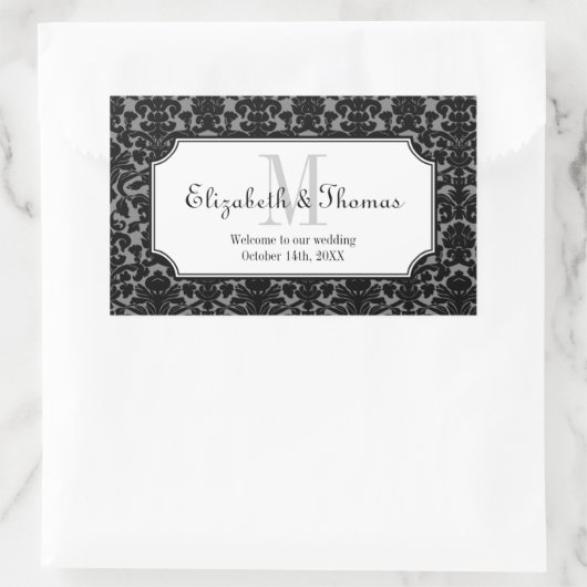 町の抱き枕からモノグラム黒ダマスクフレーム 長方形シール (バッグ)