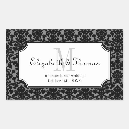 町の抱き枕からモノグラム黒ダマスクフレーム 長方形シール (正面)