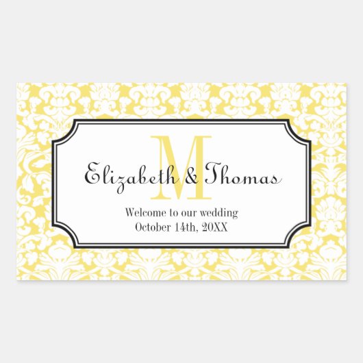 町の抱き枕のモノグラム黄色のダマスクフレーム 長方形シール (正面)