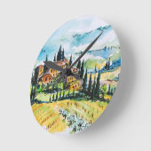 町の木とヒノキの木の風景 ラウンド壁時計 (傾斜)