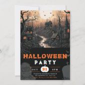 町幽霊のよく出る満月の黒い鳥ハロウィーン 招待状 (正面)