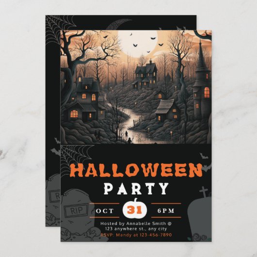 町幽霊のよく出る満月の黒い鳥ハロウィーン 招待状 (正面/裏面)