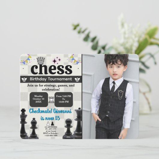 画像を使用したチェスの誕生日パーティーへの招待 招待状 (スタンド正面)