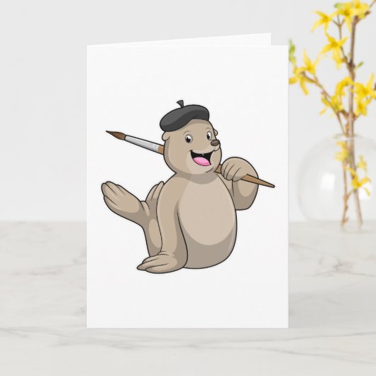 画家としてのシールが絵筆を持って カード (黄色い花)