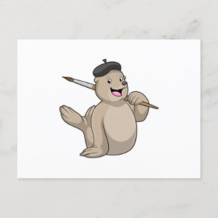 画家としてのシールが絵筆を持って ポストカード