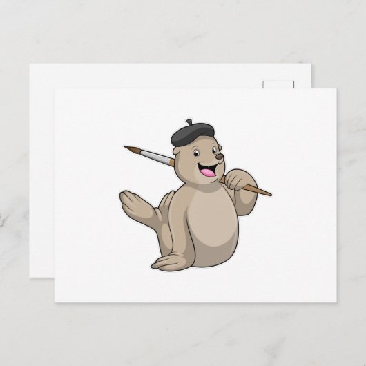 画家としてのシールが絵筆を持って ポストカード (正面/裏面)