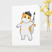 画家ねこがペイントブラシを持って カード (黄色い花)