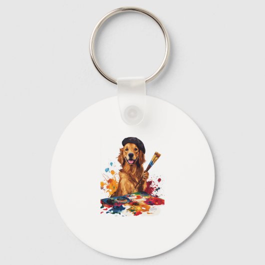 画家パピー イーゼルを持つ芸術的な犬 キーホルダー (正面)