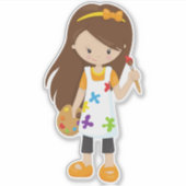 画家、アーティスト絵を描、かわいい女の子、茶色の髪 シール (正面)