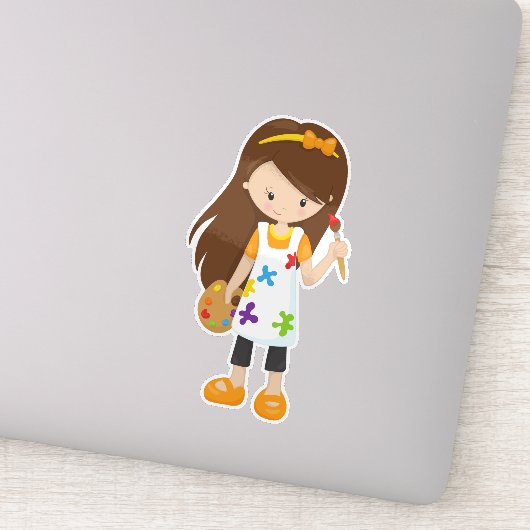 画家、アーティスト絵を描、かわいい女の子、茶色の髪 シール (詳細)