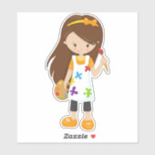 画家、アーティスト絵を描、かわいい女の子、茶色の髪 シール (シート)