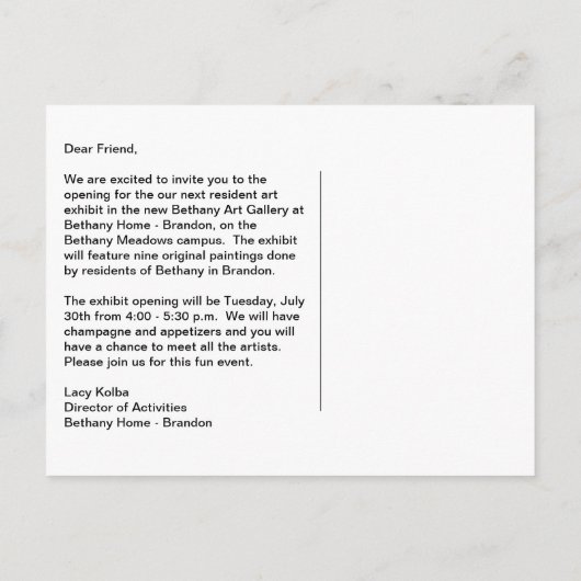 画廊の展示物の開いた招待状の郵便はがき インビテーションポストカード (裏面)