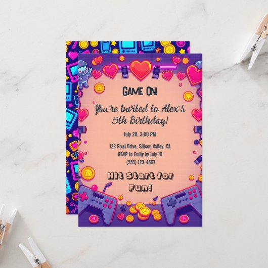 画素パーティー誕生日招待状レトロゲーマーテーマ 招待状 (正面/裏面インサイチュ)