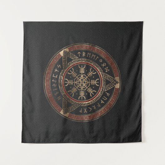 畏怖の黒くおよび赤い革および金ゴールドの舵輪 タペストリー (正面(横))