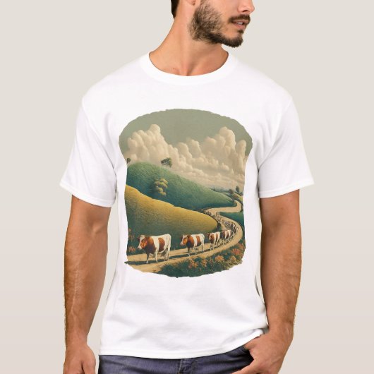 畑で幸せな牛 Tシャツ (正面)