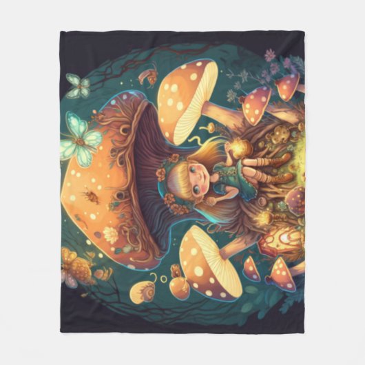 畑にキノコが溶け込む フリースブランケット (正面)