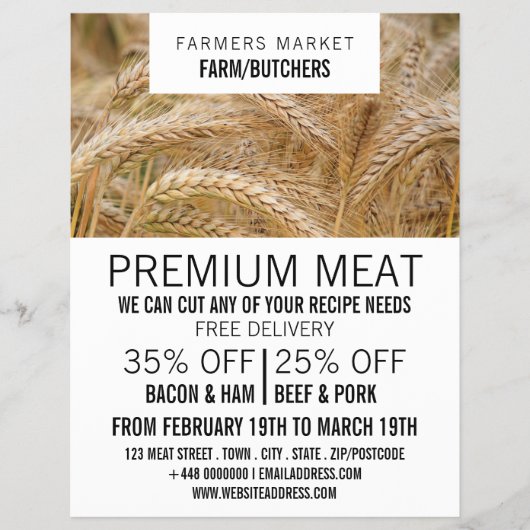 畑の小麦と農家と肉屋の広告 チラシ (正面)