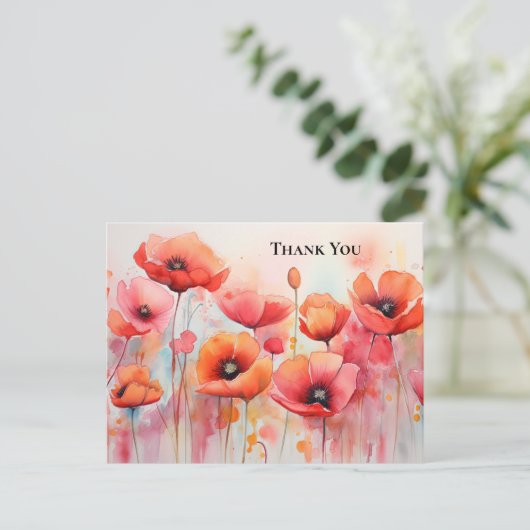畑の水の色の赤いケシありがとう ポストカード (スタンド正面)