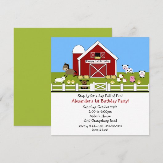 畜舎のおもしろい1歳 招待状 (正面/裏面)