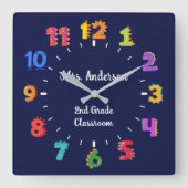 番号カラフル名前をカスタムする先生教室 スクエア壁時計 (正面)