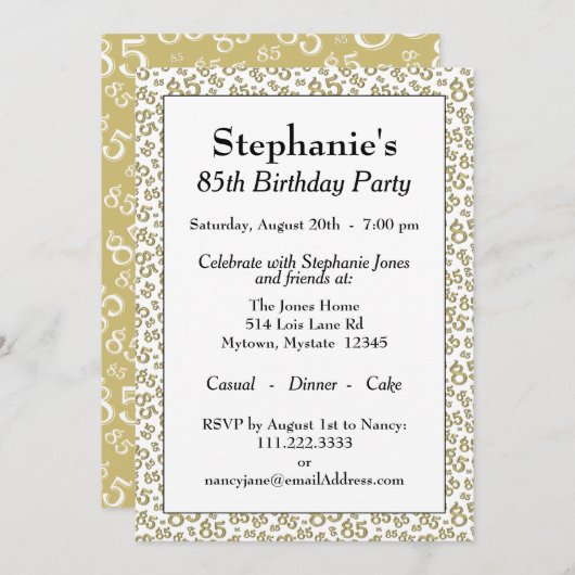 番号パターン85クール誕生日パーティー金ゴールド/白 招待状 (正面/裏面)