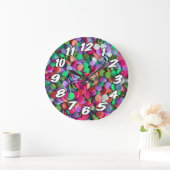 番号付きの緑のピンク紫のキャンディ ラージ壁時計 (ホーム)