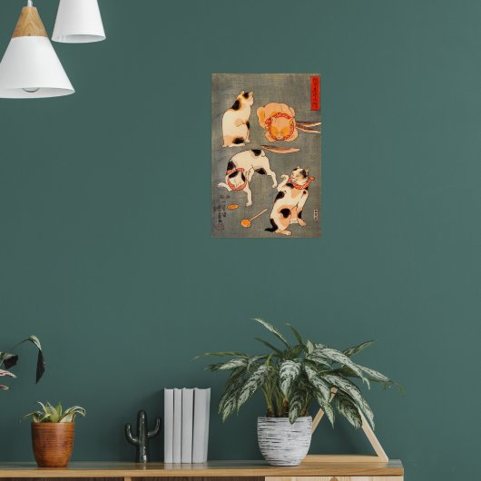 異なるポーズの4匹の猫が日本の諺を表現 ポスター (リビング1)