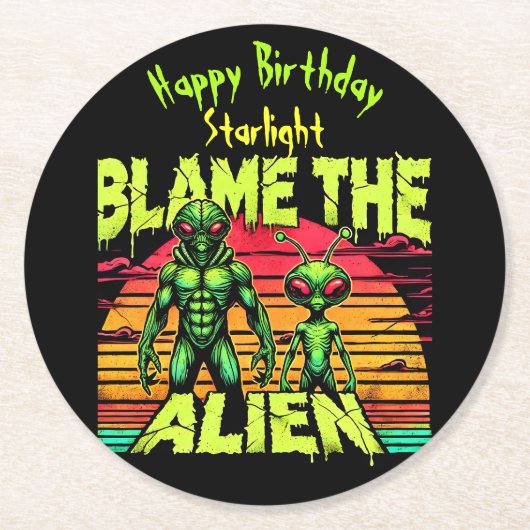 異世界のエイリアンが夕日を鮮やか見る ラウンドペーパーコースター (正面)