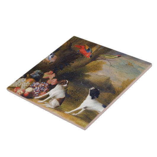 異国の鳥と2匹の犬を持つ風景 タイル (側面)