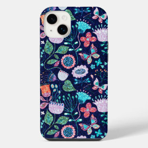 異国カラフルの花と蝶のパターン iPhone 14 PLUSケース