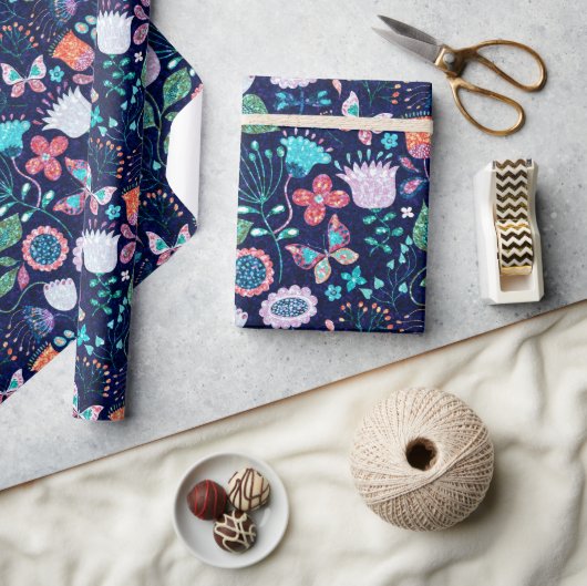 異国カラフル花模様 ラッピングペーパー (クラフト)