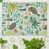異国カラフル鳥と花模様 キッチンタオル (折り畳み)