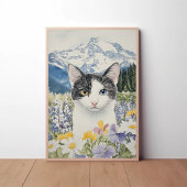 異色瞳の猫がワイルドフラワーフィールドに佇む ポスター