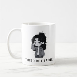 疲れたけど頑張ってる可愛いちびキャラ女子 コーヒーマグカップ